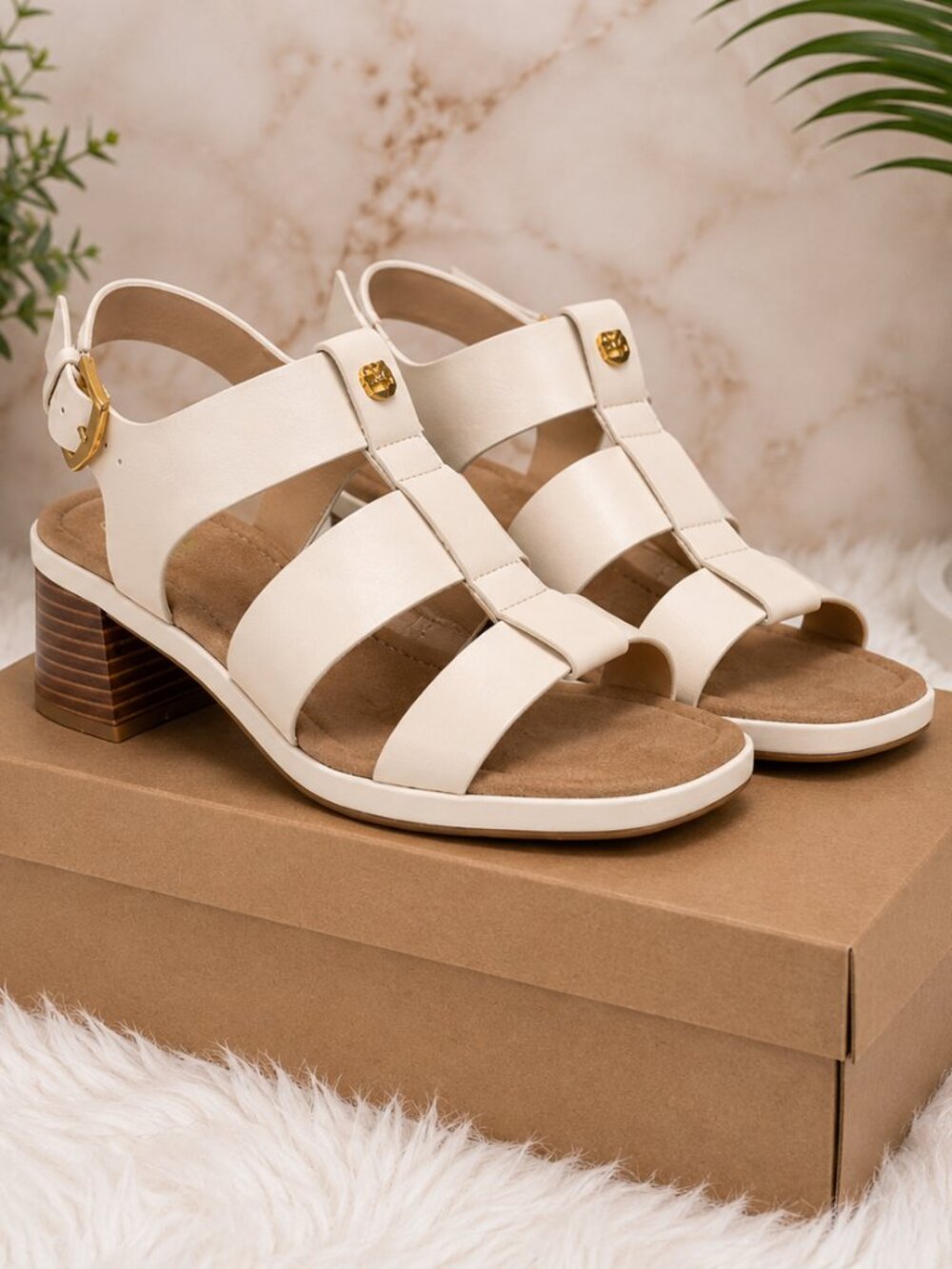 Women's Cream Block Heel Strappy Sandals